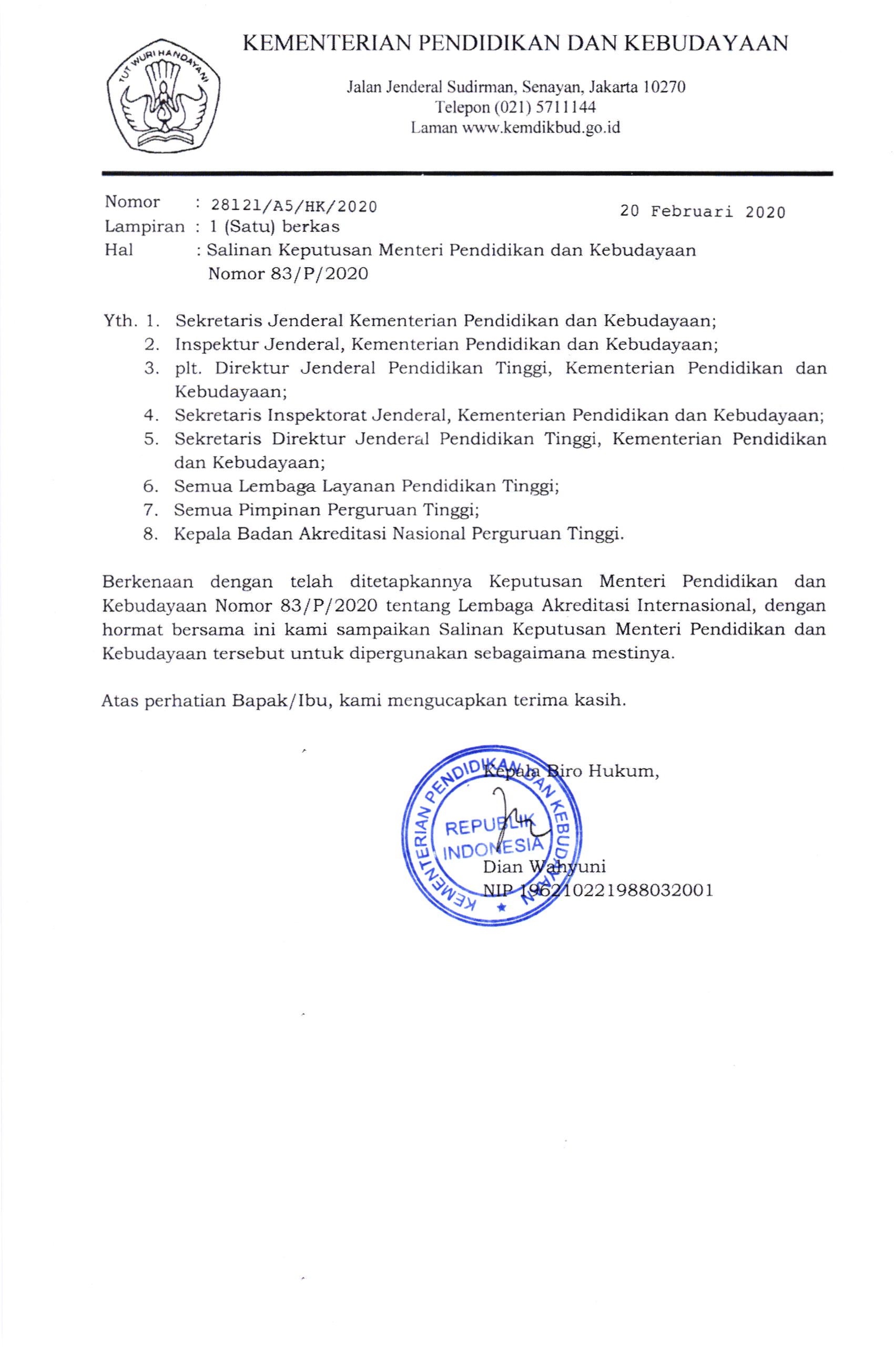 Dokumen resmi Keputusan Mendikbud RI No. 83/P/2020 tentang Lembaga Akreditasi Internasional